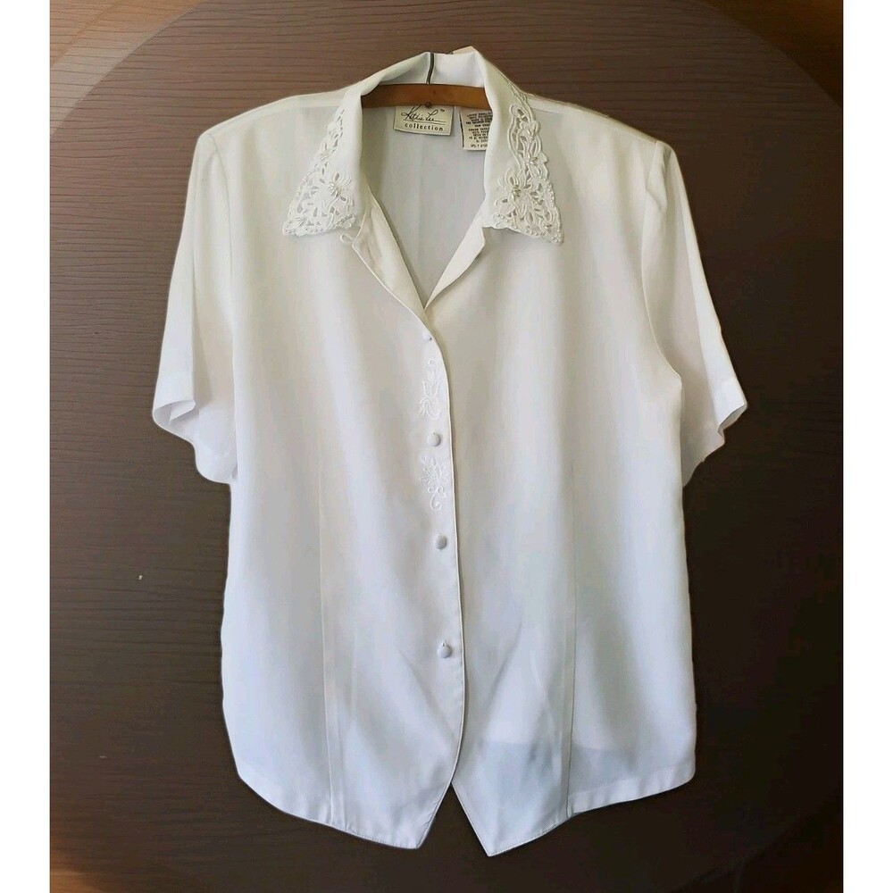 90s/Y2K Coquette Embroidered Lace Beaded Pearl Collar Romantic Wedding Blouse Sm